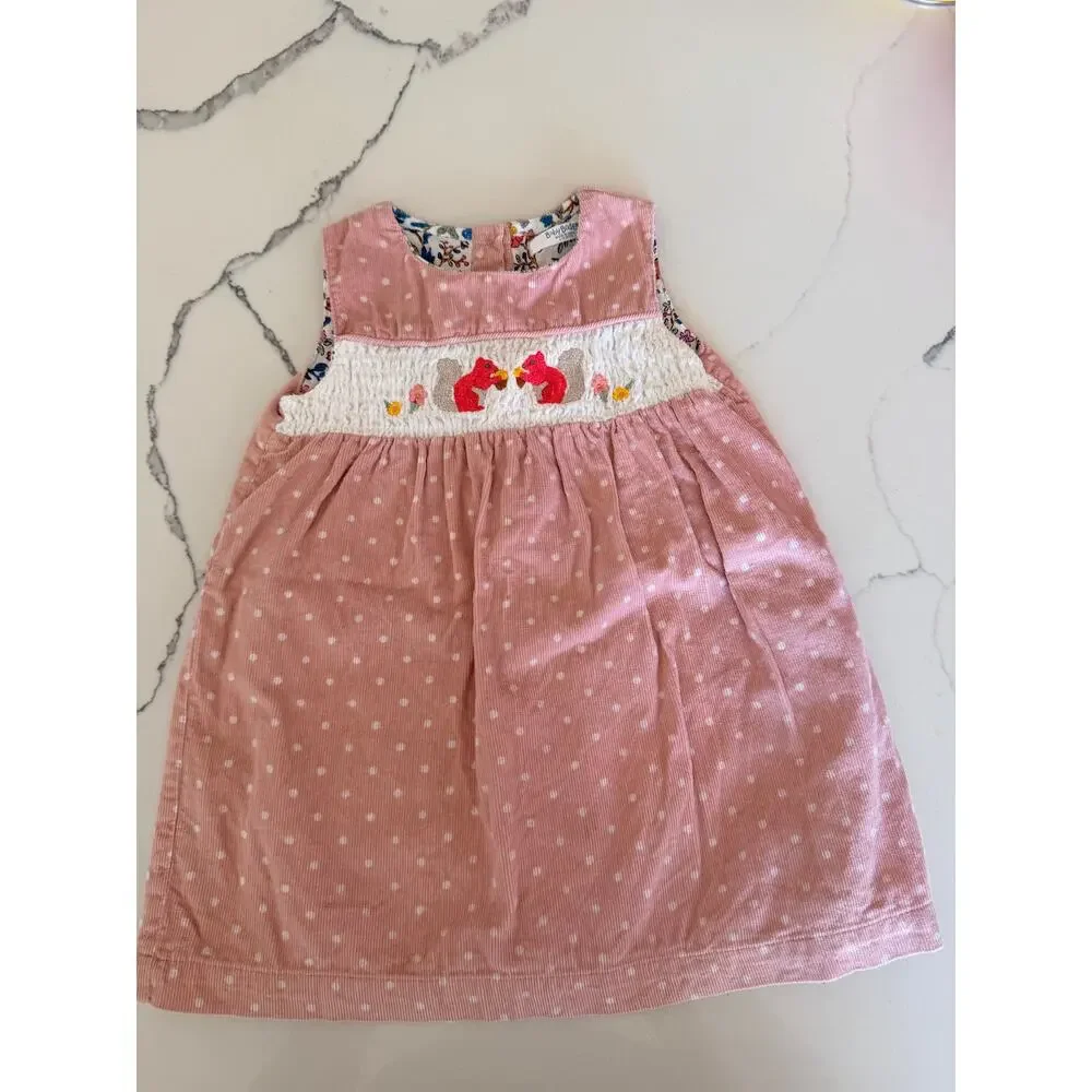 Baby Boden Pink Smocked Squirrel Corduroy Pinafore Dress 6-12M